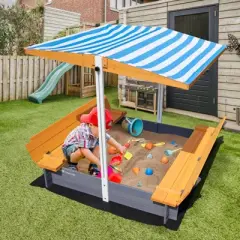 VEVOR Wooden Sandbox with Canopy, 57.3 x 47.2 x 47.2 in Sand Box, Sand Pit with Foldable Bench Seats and Bottom Liner, Gift for Ages 3-12