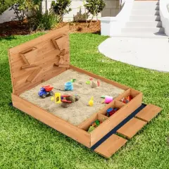 Costway Wooden Sandbox w/ Sand Wall & Cover & Bottom Liner for Kids Outdoor