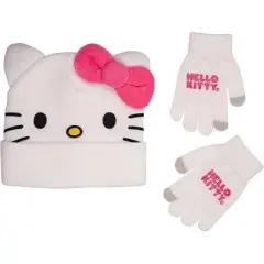 Hello Kitty Christmas Cuff 3D Beanie & Glove Set for Kids, Jacquard knit with Embroidered Appliques,  White