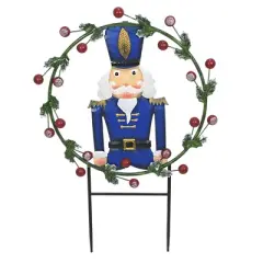 Direct International Christmas Soldier In Wreath  -  One Stake 29.0 Inches -  Berries Yard Decor  -  31824033  -  Metal  -  Blue
