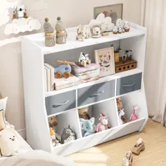 SUGIFT Kids Bookshelf Cube Organizer Shelf and Toy Storage with Fabric Bins Front-Facing Book Rack Wooden Organizer for Playroom Nursery