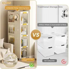 Stackable Storage Bins with Lids 4-Tier, Plastic Storage Bins with Wheels and external Hooks, Mobile Multifunction Utility Storage Organizer