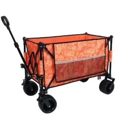 Heavy-Duty 480lbs Folding Wagon Cart with Bonus Picnic Mat - All-Terrain Beach Wheels, Drink Holders, Brakes & Side Pocket orange print