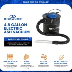 Snow Joe 4.8 Gallon Bagless Ash Vacuum Cleaner, Metal Canister with 4-Amp Motor, Hose and Filter for Home and Outdoor Cleaning, Black, ASHJ201