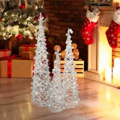Northlight LED Lighted Glittered Cone Tree Christmas Decorations - 39.25" - White - Set of 3