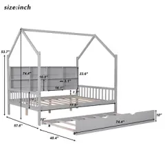 Wooden Twin Size House Bed With 2 Drawers, Storage Shelf Kids' Bed, Multifunctional Sky Roof House Bed Frame