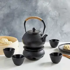 Juvale Hobnail Black Cast Iron Tea Kettle for Stovetop - Japanese Tea Pot Set with Infuser, Trivet, Warmer, 4 Teacups, 40 oz