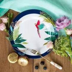 Portmeirion Sara Miller Parrot Melamine Side Plates, Set of 4 - Colorful Tropical Design & Gold Detailing - 8" BPA-Free Shatterproof Salad Tableware