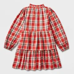 Girls' Adaptive Abdominal Access Long Sleeve Plaid Tiered Woven Dress - Cat & Jack&trade; Red