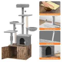 Cat Tree with Litter Box Enclosure, 2-in-1 Modern Cat Tower with Scratching Posts, Multiple Platform and Large Condo