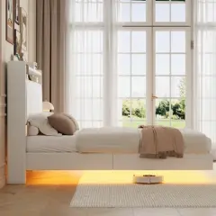 Queen Size Bed Frame with Lights & Charging Station, Upholstered Platform Bed Frame wth Storage Headboard, 50&iexcl;&plusmn; Tall Headboard, White