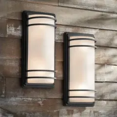 John Timberland Habitat Modern Industrial Outdoor Wall Light Fixtures Set of 2 Black Metal 16" Frosted Glass for Post Exterior Barn Deck