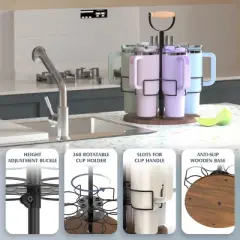FURNIinspire Cup Organizer with Handle Rotating Tumbler Holder Bottle Storage Rack Kitchen Holder Non-Slip Pad, Black, 12.87"*12.87"*3.51"