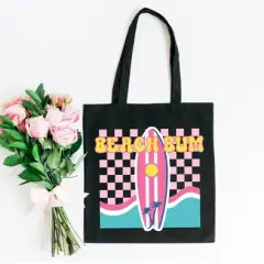 City Creek Prints Beach Bum Surf Board Canvas Tote Bag - 15x16 - Black