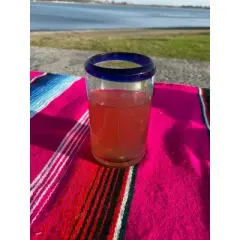 Dos Sue&ntilde;os Mexican Hand Blown Juice Glasses - Blue Rim - 8oz - Single Glass