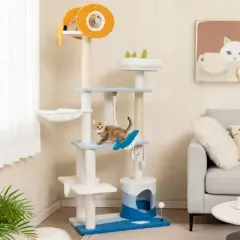Petsite Ocean-themed Cat Tree Tower with Sisal Covered Scratching Posts Condo Perch Hammock
