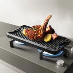 VEVOR Reversible Grill/Griddle, 20x10 inch Pre-Seasoned Cast Iron Griddle, Portable Rectangular Pan with Handle, Family Cookware, Black