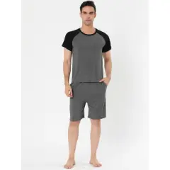 Lars Amadeus Mens Summer Solid Raglan Short Sleeve Shirt and Shorts Lounge Pajama Set