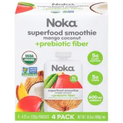 Noka Organic Superfood Smoothie Mango Coconut - Case of 6/4 packs, 4.22 oz
