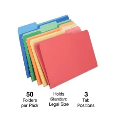 Staples Heavyweight Colored File Folders 3 Tab Legal 50/Box 810352