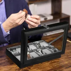 12-Slot Watch Box, Large Glass Lid, Removable Pillows, Organizer in Black Synthetic Leather - Perfect Gift for Loved Ones