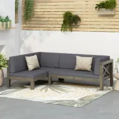 GDFStudio Caspian Outdoor Acacia Wood Left Facing 4 Seater 88.5" Sectional Sofa with Cushions