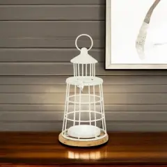 HomeRoots 12" White And Natural Metal And Wood Lighthouse Tabletop Lantern Candle Holder