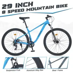 29 Inch 8 Speed Mountain Bike, Front Suspension, Steel Frame, for Men Women Boys and Girls