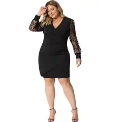 Agnes Orinda Women's Plus Size Deep V Neck Faux Wrap Sheer Long Sleeve Midi Party Work Dresses
