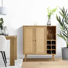 LuxenHome 35" Tall 2-Door Rattan Light Oak Finish Wood Wine and Storage Cabinet Brown