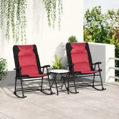 Outsunny 3 Piece Outdoor Patio Furniture Set with Glass Coffee Table & 2 Folding Padded Rocking Chairs, Bistro Style for Porch, Camping, Balcony