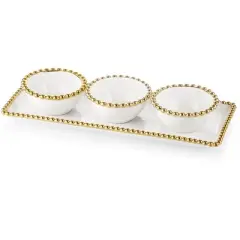 Classic Touch White Porcelain 3 Bowl Relish Dish with Gold Beaded Design