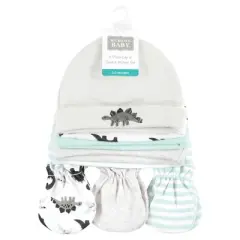 Hudson Baby Unisex Baby Cotton Cap and Scratch Mitten Set, Neutral Dino, 0-6 Months