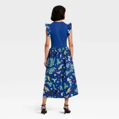 Latino Heritage Month Women's Ruffle Sleeve Midi A-Line Dress - Dark Blue Floral