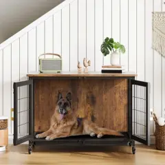 37.5" Dog Crate Furniture with Wheels, Wooden Dog Kennel with Pull Out Tray, Decorative Dog Cage End Table for Small to Medium Dogs Up to 66 Lbs