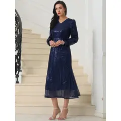 INSPIRE CHIC Women's Long Sleeve V-neck A-Line Midi Dresses