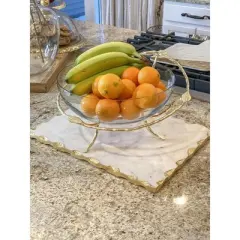 Classic Touch Hammered Glass Salad Bowl with Gold Brass Leaf Decoration