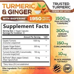 Turmeric Curcumin Supplement 1950mg Organic Turmeric with Ginger, 95% Curcuminoids, BioPerine Black Pepper, 60 Capsules By Nature's Nutrition