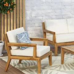 Christopher Knight Home Rossville Acacia Wood Outdoor Patio Club Chair with Cushions Teak/Beige