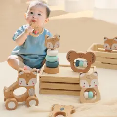 Freniland&trade; - Wooden Baby Rattle Toy Set &ndash; 5 PCS Blue Animal Themed Teether and Rattles, Natural Beech Wood Montessori Toys for 10M+