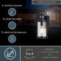 VAXCEL Winfield 5.75-in. 1 Light Black Motion Sensor Dusk to Dawn Outdoor Wall Lantern Clear Glass