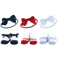 Hudson Baby Infant Girl 12Pc Headband and Socks Giftset, Dark Red Blue, One Size