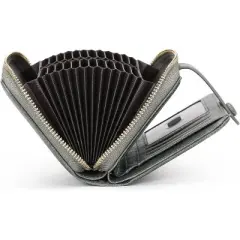 Wikineon Leather Credit Card Holder Wallet for Women RFID Blocking Large Capacity Bifold Zipper Card Case Organizer with Wristlet 32 Slots,Gray