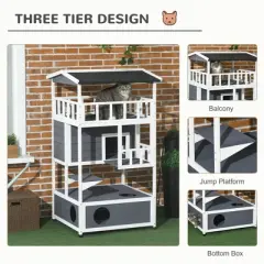 LOVMOR Wooden Outdoor Cat House, Feral Cat Shelter Kitten Tree with Asphalt Roof, Escape Doors, Condo, Jumping Platform