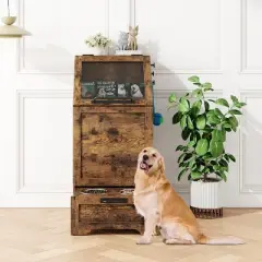 Flip Top Dog Food Storage Container, Wood Pet Storage Cabinet with 2 Pull-Out Elevated Dog Bowls