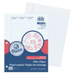Pacon Filler Paper, White, 3-Hole Punched, Red Margin, 3/8" Ruled, 8" x 10-1/2", 150 Sheets