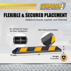 Guardian Parking Stop, 3 Foot Long Flexible Rubber Curb, Highly Visible Accessory with Mounting Holes for Job Sites and Garages, Black/Yellow