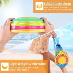 Joyfy 3 Packs Multi Purpose Foldable Sand Bucket with Shovels & Mesh Bag for Beach, Camping Gear, Beach Party, Fishing, and Fun Summer Activities