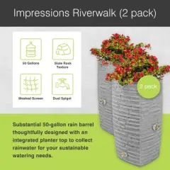 Good Ideas Impressions Riverwalk 50 Gallon Faux Slate Surface Dual Spigot Rain Barrel with 2 Brass Spigots and Screen, Light Granite (2 Pack)