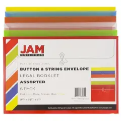 JAM Paper 9 3/4'' X 14 1/7'' 6pk Plastic Envelopes with Button and String Tie Closure with Legal Booklet - Multicolor